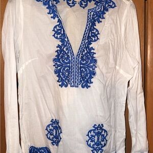 Michael Kors White Top with Royal Blue Embroidery